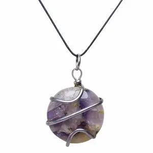 Stone Round Cabochon Wrapped Amethyst Crystal Pendant For Man, Woman, Boys & Girls- Color- Purple (Pack of 1 Pc.)