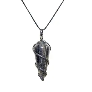 Stone Shadow Quartz Spiral Gemstone Wrapped Pendant For Man, Woman, Boys & Girls- Color- Gray (Pack of 1 Pc.)