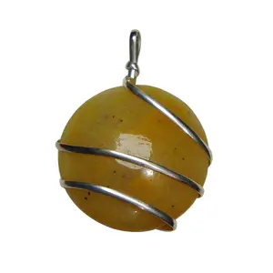Stone Yellow jasper Round Wrapped Pendant For Man, Woman, Boys & Girls- Color- Yellow (Pack of 1 Pc.)