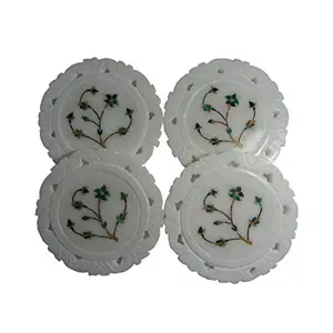 White Stone Coasters (Set of 4) Green Stone Inlaid (10cm x10cm x0.6cm)