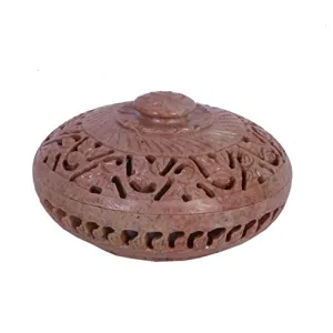 Soap Stone Carved Round Jwellery Box (10cm X10cm X6cm)