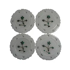 White Stone Coasters (Set of 4) Green Stone Inlaid (7.5cm x7.5cm x0.6cm)