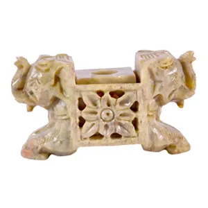 Soap Stone Carved 2 Elephant Face Candle Stand (10cm x4.5cm x5cm)