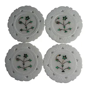 White Stone Coasters (Set of 4) Green Stone Inlaid (9cm x9cm x0.6cm)
