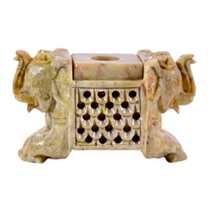 Soap Stone Carved 2 Elephant Face Candle Stand (13cm x6.5cm x8cm)