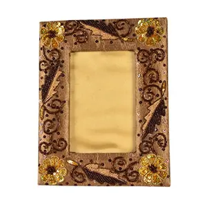 Golden Photo Frame in Beads & Zari work (23cm x1.5cm x18cm)