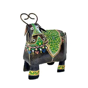 Sancheti Art Metallic Handpainted Gujrati Cow Showpiece in Green Finish