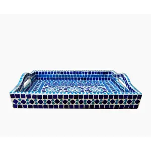 Hand Painted Mosaic Serving Large Tray Blue