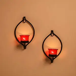 Set of 2 Decorative Black Eye Wall Sconce/Candle Holder with Red Glass and Free T-Light Candles