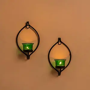 Set of 2 Decorative Black Eye Wall Sconce/Candle Holder with Green Glass and Free T-Light Candles