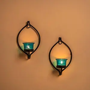 Set of 2 Decorative Black Eye Wall Sconce/Candle Holder with Turquoise Glass and Free T-Light Candles