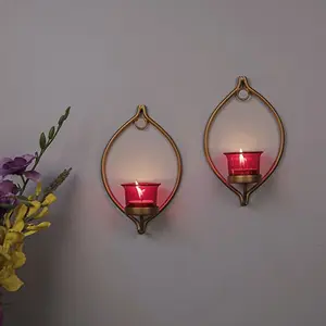 Set of 2 Decorative Golden Eye Wall Sconce/Candle Holder with Red Glass and Free T-Light Candles