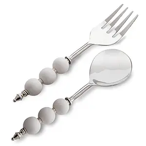 NoodlePasta Server and Serving Spoon Set of 2 Stainless Steel with White Ceramic Bead Handle