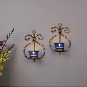 Set of 2 Decorative Golden Wall Sconce/Candle Holder with Blue Glass and Free T-Light Candles