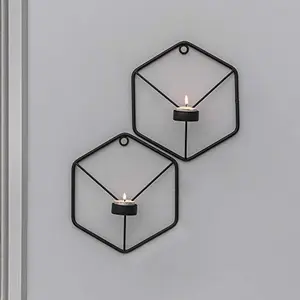 Set of 2 Black Metal Wall Mounted Hexagon Tealight Candle Holder T-Light Candles