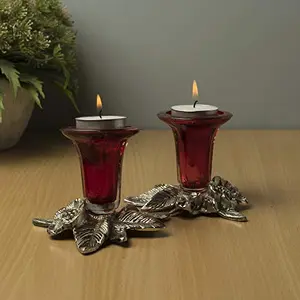 Antique Silver Candle Stand Grapevine Diya Holder Set of Two Red