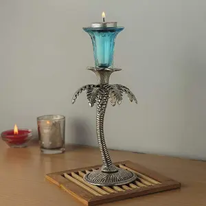 Single Palm Candle Stand with Hand Carving (Turquoise)