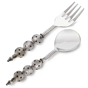 NoodlePasta Server and Serving Spoon Set of 2 Stainless Steel with Round Silver-Glass Bead Handle