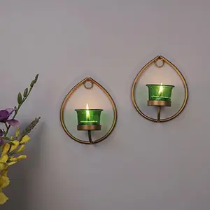 Set of 2 Decorative Golden Drop Wall Sconce/Candle Holder with Green Glass and Free T-Light Candles