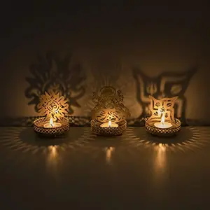 Shadow Ganesh Sathiya Om Metal Tea Light Holder Set Brass Finish Pooja Diwali Candle Holder with Free Wax Diya (Ganesha Sathiya & Om)