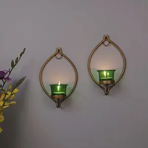Set of 2 Decorative Golden Eye Wall Sconce/Candle Holder with Green Glass and Free T-Light Candles