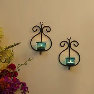 Set of 2 Decorative Wall Sconce/Candle Holder with Turquoise Glass and Free T-Light Candles