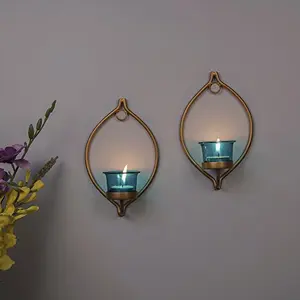 Pack of 2 Decorative Golden Eye Wall Sconce Candle Holder with Turquoise Glass for Home Decoration Moroccan Multicolor Mosaic Glass for Home Room Bedroom Lights Decoration | Made In India Products - Free Tea Light Candles
