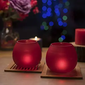 Red Frost Pot Votive TeaLight Candle Holder for Home Decoration Moroccan Red Glass Glass for Home Room Bedroom day Diwali Decoration Made in India Products | Pack of 2 - Large