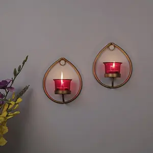 Set of 2 Decorative Golden Drop Wall Sconce/Candle Holder with Red Glass and Free T-Light Candles