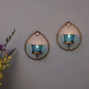 Set of 2 Decorative Golden Drop Wall Sconce/Candle Holder with Turquoise Glass and Free T-Light Candles