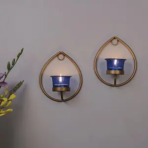 Set of 2 Decorative Golden Drop Wall Sconce/Candle Holder with Blue Glass and Free T-Light Candles