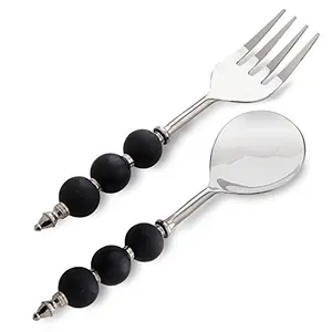 NoodlePasta Server and Serving Spoon Set of 2 Stainless Steel with Black Ceramic Bead Handle