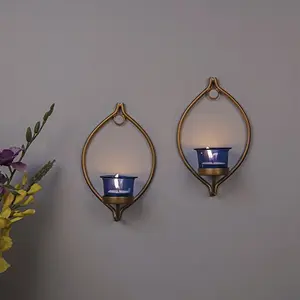 Set of 2 Decorative Golden Eye Wall Sconce/Candle Holder with Blue Glass and Free T-Light Candles