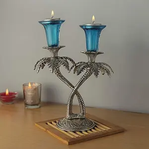 Double Palm-Tree Candle Stand with Hand Carving (Turquoise)
