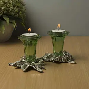 Antique Silver Candle Stand Grapevine Diya Holder Set of Two Green