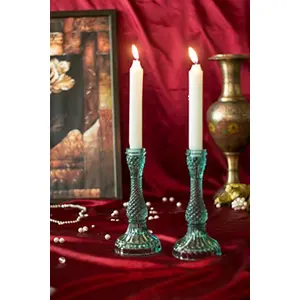 Solid Glass Candle Stand Carved Sea Green(Turquoise) Set of 2