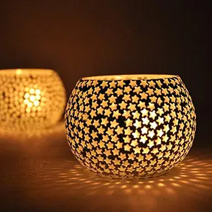 TeaLight Candle Holder for Home Decoration Moroccan Glass Mosaic Glass for Home Room Bedroom day Diwali Decoration | Pack of 2