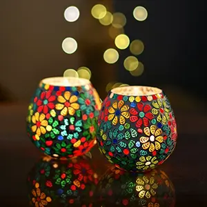 Tea Light Candle Holder for Home Decoration Home Room Decor Items Moroccan Multicolor Mosaic Glass for Home Room Bedroom Lights Decoration | Pack of 2