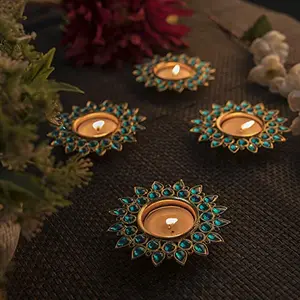 Crystal Diya with T-Light- Set of FourCandle Holder Stand with Free Candle (Green)