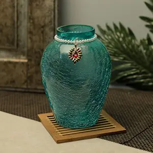 Crackle Flower Pot with Brooch Neck Turquoise Flower Vase Flower vase for Home Decor Items Flower Pot | Pack of 1