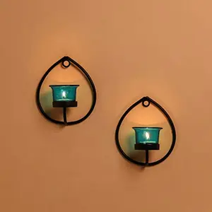 Set of 2 Decorative Black Drop Wall Sconce/Candle Holder with Turquoise Glass and Free T-Light Candles