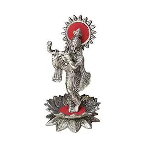 White Metal Lord Krishna with Flute on Flower for Home Decor and Gift