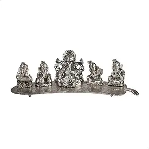 Metal 5 Ganesh Silver Plated with Musical Instrument On Leaf for Home Decor White
