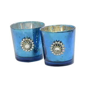 Silver Glass Votive with Jewel Brooch (Set of 2) Blue