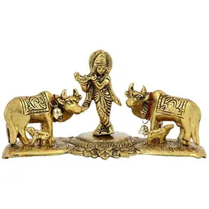 Cow Pair with Krishna Standing Home Decor Luck Holy with Calf Statue Spiritual Showpiece (Multicolour)