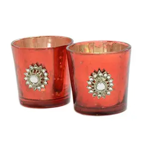 Silver Glass Votive with Jewel Brooch (Set of 2) Red
