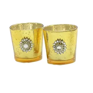 Silver Glass Votive with Jewel Brooch (Set of 2) Gold
