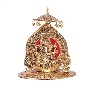 Metal ridhi sidhi ganpati Statue Gold Plated Ganesha chatra Showpiece for Home Decor and Gifts (5 x 5 x 8) inch Golden