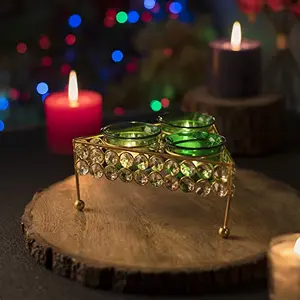 Crystal Tri Votive Stand (with 3 Votive) Green Candle Holder with Bonus Tealight Candles
