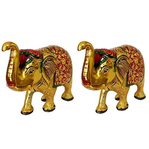 Multi Coloured Metal Elephant Pair for Showpiece- Enhance Your Home As Well As Office Decor- Beautifully Hand Crafted & Hand Carved Item (Large)